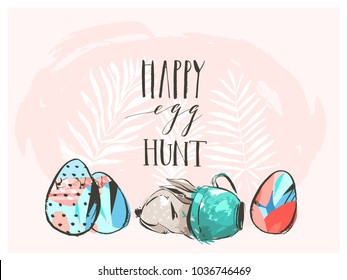 Hand drawn vector abstract graphic scandinavian collage Happy Easter cute simple bunny,eggs illustrations greeting card and Happy Egg hunt handwritten calligraphy isolated on pink pastel background.