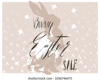 Hand drawn vector abstract graphic scandinavian collage Happy Easter cute simple bunny silhouette illustrations greeting card and Bunny Easter Sale handwritten calligraphy isolated on white background