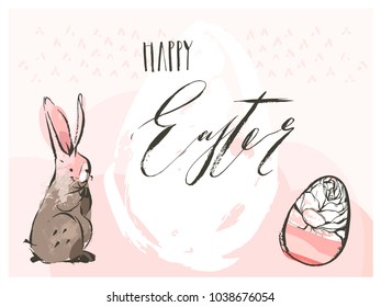 Hand drawn vector abstract graphic scandinavian Happy Easter cute simple bunny,eggs illustrations greeting card and Happy Easter handwritten calligraphy isolated on pink pastel colored background.