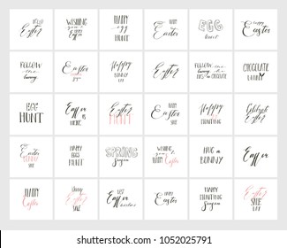 Hand drawn vector abstract graphic scandinavian Happy Easter cute greeting cards template collection set with Happy Easter handwritten calligraphy phases and text isolated on white background.