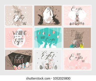 Hand drawn vector abstract graphic scandinavian collage Happy Easter cute illustrations greeting cards template collection set and Happy Easter handwritten calligraphy isolated on white background.