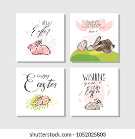 Hand drawn vector abstract graphic scandinavian collage Happy Easter cute illustrations greeting cards template collection set and Happy Easter handwritten calligraphy isolated on white background.