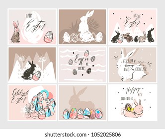 Hand drawn vector abstract graphic scandinavian collage Happy Easter cute illustrations greeting cards template collection set and Happy Easter handwritten calligraphy isolated on white background.