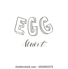 Hand drawn vector abstract graphic scandinavian Happy Easter cute greeting card template with Egg hunt handwritten calligraphy phases text isolated on white background.