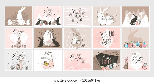Hand drawn vector abstract graphic scandinavian collage Happy Easter cute illustrations greeting cards template collection set and Happy Easter handwritten calligraphy isolated on white background.