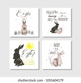 Hand drawn vector abstract graphic scandinavian collage Happy Easter cute illustrations greeting cards template collection set and Happy Easter handwritten calligraphy isolated on white background.