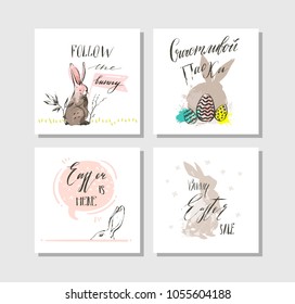 Hand drawn vector abstract graphic scandinavian collage Happy Easter cute illustrations greeting cards template collection set and Happy Easter handwritten calligraphy isolated on white background.