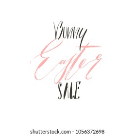Hand drawn vector abstract graphic scandinavian Happy Easter cute greeting card template with Bunny Easter Sale calligraphy lettering phases text isolated on white background.

