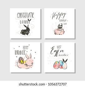 Hand drawn vector abstract graphic scandinavian collage Happy Easter cute illustrations greeting cards template collection set and Happy Easter handwritten calligraphy isolated on white background.