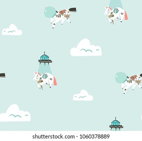 Hand drawn vector abstract graphic creative cartoon seamless pattern with cosmonaut unicorns and alien spaceship flying in blue sky with clouds isolated on blue background.