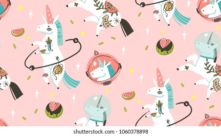 Hand drawn vector abstract graphic creative cartoon illustrations seamless pattern with cosmonaut unicorns with old school tattoo and watermelon in cosmos isolated on pastel pink background.