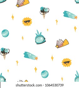 Hand drawn vector abstract graphic creative artistic cartoon illustrations scandinavian seamless pattern with comets,planets,stars,sun and unicorn astronaut isolated on white background.