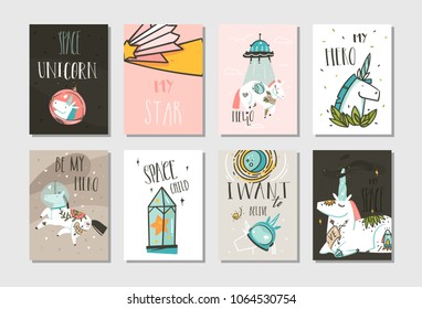 Hand drawn vector abstract graphic creative cartoon illustrations cards collection set template with astronaut unicorns with old school tattoo,planets and spaceship isolated on pastel background.