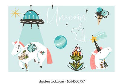 Hand drawn vector abstract graphic creative artistic cartoon illustrations collection set with unicorns with old school tattoo,flowers,galaxy planets and ufo spaceship isolated on white background.