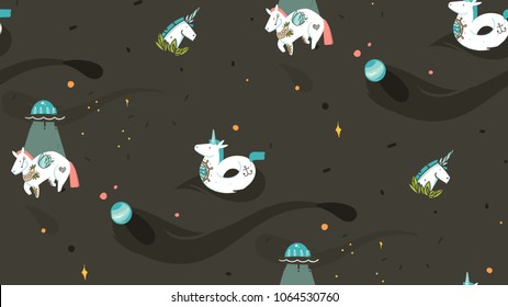 Hand drawn vector abstract graphic creative cartoon illustrations seamless pattern with cosmonaut unicorns with old school tattoo,unicorn float and ufo spaceship in cosmos isolated on black background