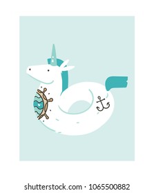 Hand drawn vector abstract graphic creative cartoon illustrations icon with simple unicorn swimming pool float buoy ring with old school tattoo isolated on white background.