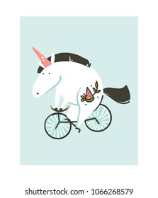 Hand drawn vector abstract graphic creative cartoon illustrations icon with simple unicorn with old school tattoo riding on bike isolated on white background.