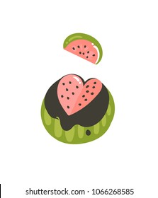 Hand drawn vector abstract graphic creative cartoon illustrations icon with simple watermelons and slices isolated on white background.