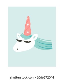 Hand drawn vector abstract graphic creative cartoon illustrations icon with simple cool unicorn with sunglasses isolated on white background.