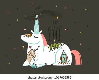 Hand drawn vector abstract graphic creative artistic cartoon illustrations poster background with astronaut unicorns with old school tattoo,handwritten calligraphy isolated on black background.