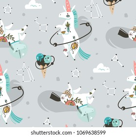 Hand drawn vector abstract graphic creative cartoon illustrations seamless pattern with cosmonaut unicorns with old school tattoo,pagasus and planets in cosmos isolated on grey background.