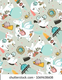 Hand drawn vector abstract graphic creative cartoon illustrations seamless pattern with cosmonaut unicorns with old school tattoo,pagasus and spaceship in cosmos isolated on pastel background.