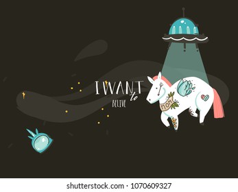Hand drawn vector abstract graphic creative artistic cartoon illustrations poster background with astronaut unicorns with old school tattoo,handwritten calligraphy isolated on black background.