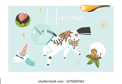 Hand drawn vector abstract graphic creative artistic cartoon illustrations collection set with unicorns with old school tattoo,galaxy planets and comets isolated on white background.