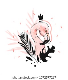 Hand drawn vector abstract graphic freehand textured sketch pink flamingo and tropical palm leaves drawing illustration print with modern confetti elements isolated on white background.