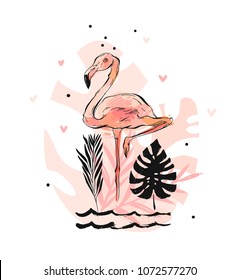 Hand drawn vector abstract graphic freehand textured sketch pink flamingo and tropical palm leaves drawing illustration print with modern confetti elements isolated on white background.