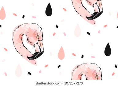 Hand drawn vector abstract graphic freehand textured sketch pink flamingo drawing illustration seamless pattern with modern confetti elements isolated on white background.