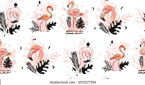 Hand drawn vector abstract graphic freehand textured sketch pink flamingo and tropical palm leaves drawing illustration seamless pattern with modern confetti elements isolated on white background.