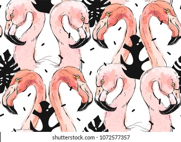 Hand drawn vector abstract graphic freehand textured sketch pink flamingo and tropical palm leaves drawing illustration seamless pattern with modern confetti elements isolated on white background.