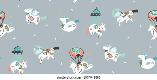 Hand drawn vector abstract graphic creative cartoon illustrations seamless pattern with cosmonaut unicorns with old school tattoo,comets and planets in cosmos isolated on grey background.