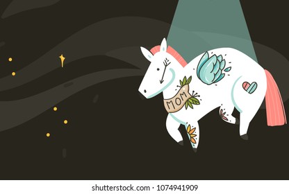 Hand drawn vector abstract graphic creative cartoon illustrations card template with astronaut flying horse with old school tattoo,stars and planets in cosmos galaxy isolated on black background.