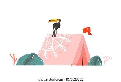 Hand drawn vector abstract graphic summer time illustration border with tent,stones and toucan isolated on white background.