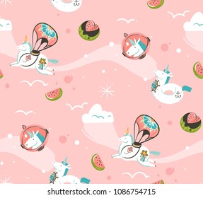 Hand drawn vector abstract graphic creative cartoon illustrations seamless pattern with cosmonaut unicorns with old school tattoo,comets and planets in cosmos isolated on pink background.