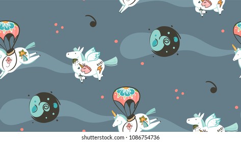 Hand drawn vector abstract graphic creative cartoon illustrations seamless pattern with cosmonaut unicorns with old school tattoo,comets and planets in cosmos isolated on dark background.