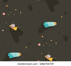 Hand drawn vector abstract graphic creative cartoon illustrations seamless pattern with planets,sun and comets in cosmos isolated on black background.