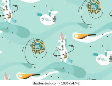 Hand drawn vector abstract graphic creative cartoon illustrations seamless pattern with cosmonaut unicorns with old school tattoo,comets and planets in cosmos isolated on blue background.