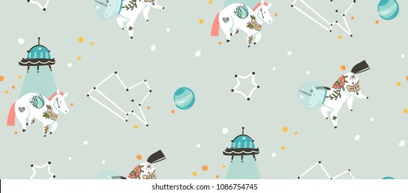 Hand drawn vector abstract graphic creative cartoon illustrations seamless pattern with cosmonaut unicorns with old school tattoo,alien spaceship and planets in cosmos isolated on grey background.