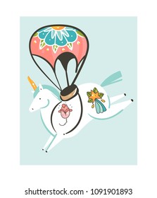 Hand drawn vector abstract graphic creative cartoon illustrations artwork with simple flight unicorn character with parachute and old school tattoo isolated on white background.