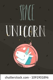 Hand drawn vector abstract graphic creative cartoon illustrations card design template with simple unicorn astronaut character and Space Unicorn calligraphy quote isolated on black background.