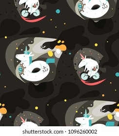 Hand drawn vector abstract graphic creative cartoon illustrations seamless pattern with cosmonaut unicorns with tattoos ,comets and planets in cosmos isolated on dark black abstract background.