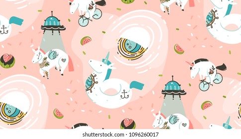 Hand drawn vector abstract graphic creative cartoon illustrations seamless pattern with cosmonaut unicorns with old school tattoo,spaceship,comets and planets in cosmos isolated on pink background.