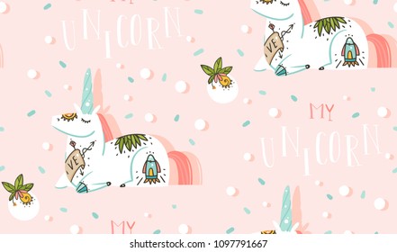 Hand drawn vector abstract graphic creative cartoon illustrations seamless pattern with cosmonaut unicorns ,comets and planets in space isolated on pink pastel confetty colored abstract background.