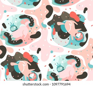 Hand drawn vector abstract graphic creative cartoon illustrations seamless pattern with cosmonaut unicorns with helmets ,comets and planets in cosmos isolated on white abstract background.