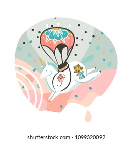 Hand drawn vector abstract graphic creative cartoon illustrations poster or print with old school tattooed unicorn with parachute ,comets and planets in cosmos isolated on white abstract background.