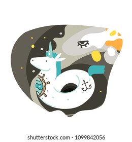 Hand drawn vector abstract graphic creative cartoon illustrations poster or print with old school tattooed unicorn ring buoy ,comets and planets in cosmos isolated on white abstract background.