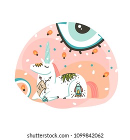 Hand drawn vector abstract graphic creative cartoon illustrations poster or print with old school tattooed unicorn girl ,comets and planets in cosmos isolated on white abstract background.